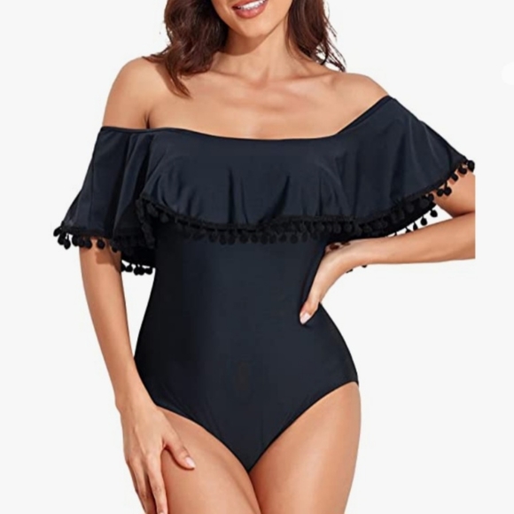 Tempt Me Black One Piece Pom Pom Ruffle Swimsuit Off Shoulder Swimwear Size M - Picture 2 of 12